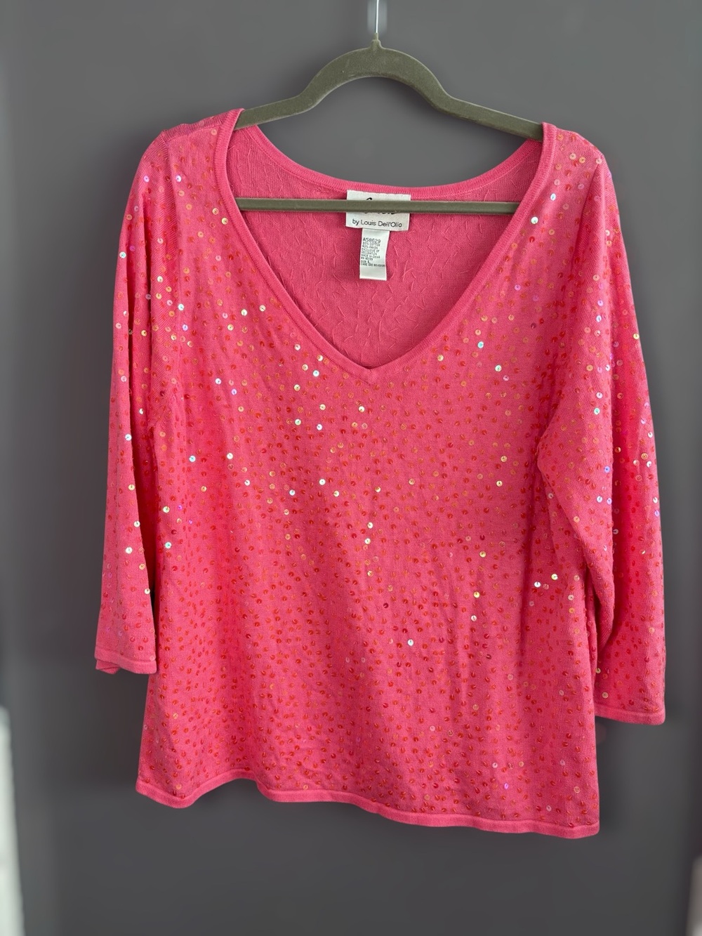Linea by Louis Dell'olio Pink Sequin V Neck Knit Sweater Large